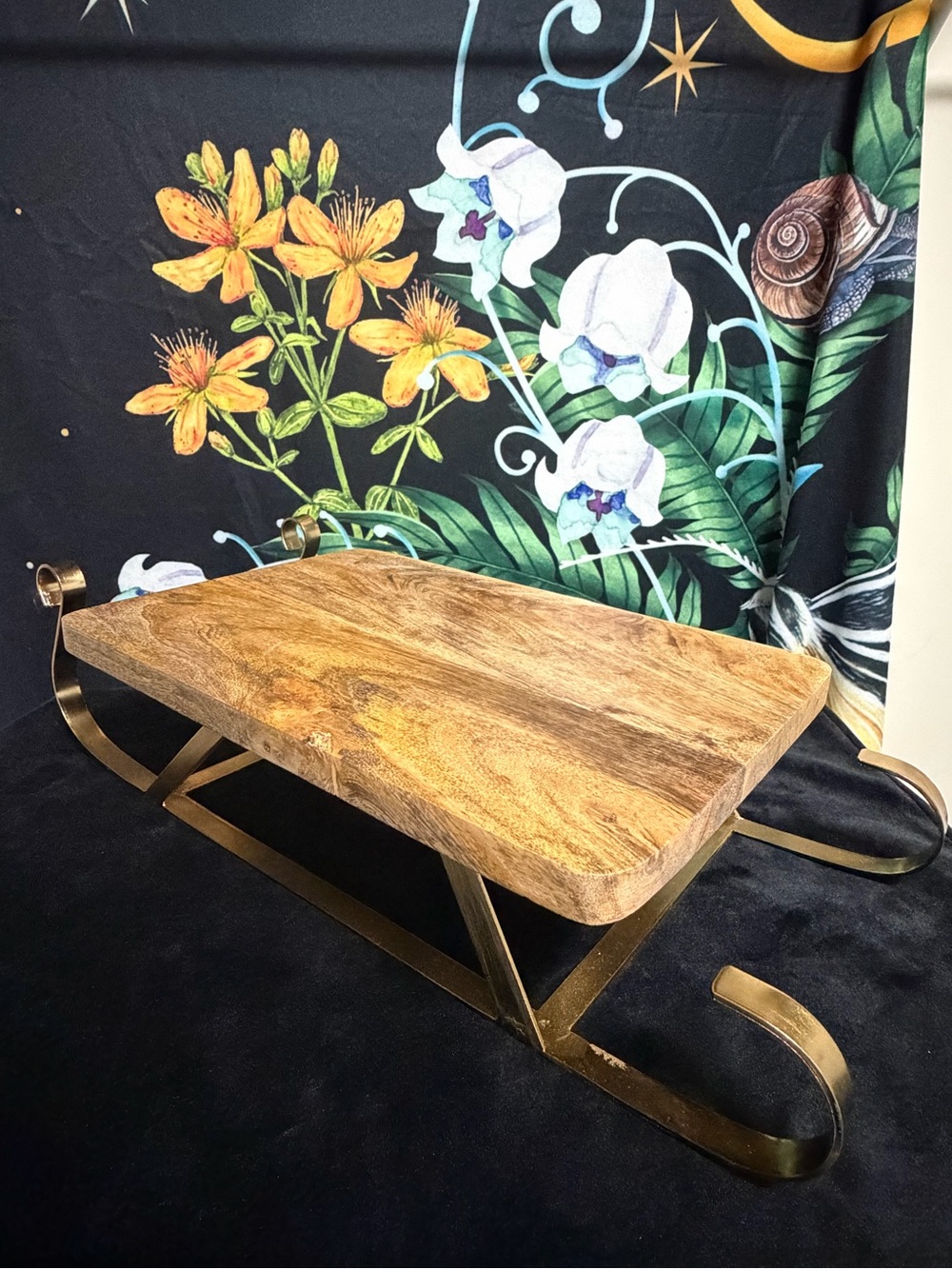 Natural Wood Serving Tray with Gold Metal Base